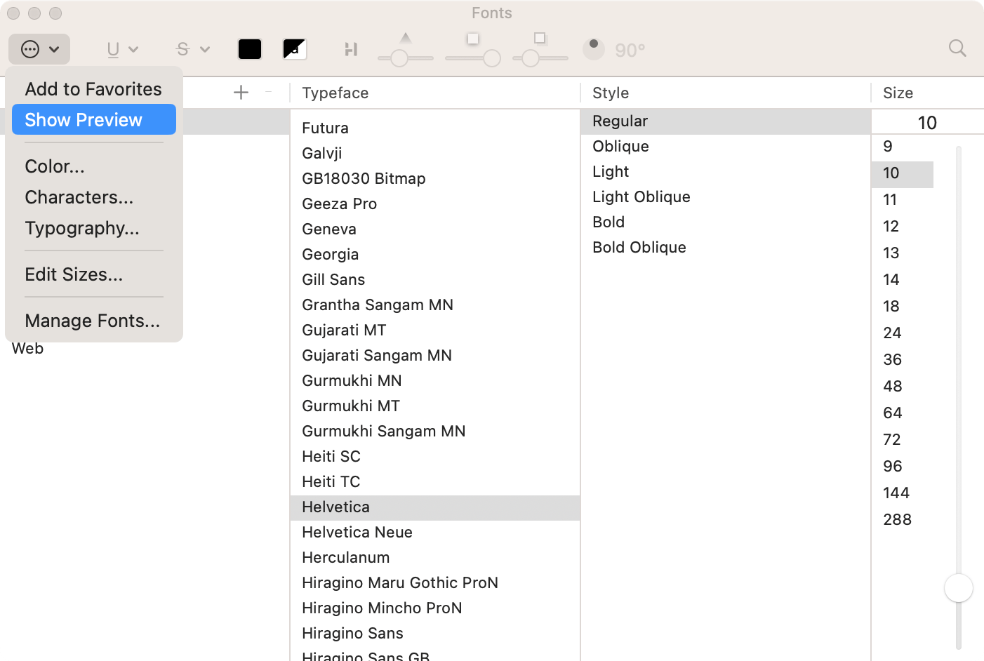 Swift Publisher fonts menu.